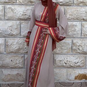 Modest Beige Dress with Red Embroidered Stripes